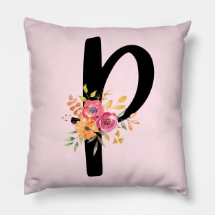 Letter P With Watercolor Floral Wreath Pillow