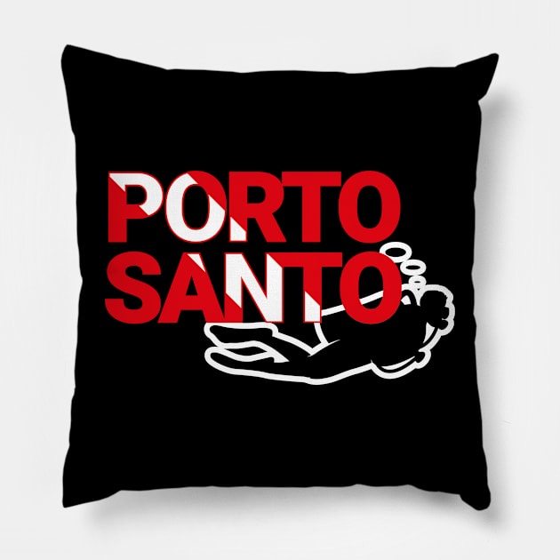 The word Porto Santo filled with the diving flag colours and a scuba diver Pillow by Donaby