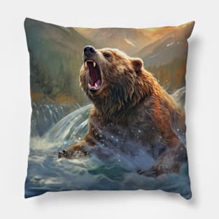 Grizzly Bear Animal Wildlife Wilderness Colorful Realistic Illustration Pillow