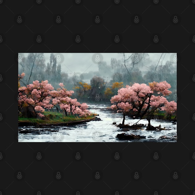 Cherry Blossom Trees by the River Oil Painting by endage