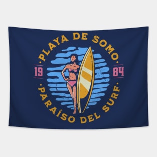 Vintage Playa de Somo, Spain Surfer's Paradise // Retro Surfing 1980s Badge Tapestry