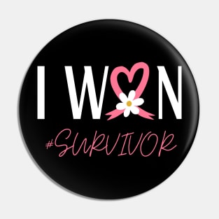 I Won Pink Ribbon Heart Breast Cancer Survivor Birthday Pin