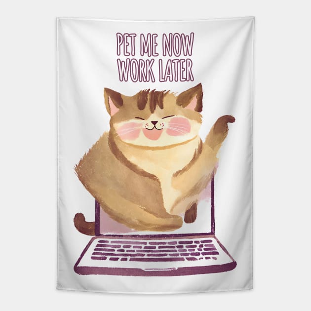 Pet Me Now Work Later - Kitten Cat out of Laptop Tapestry by Millusti