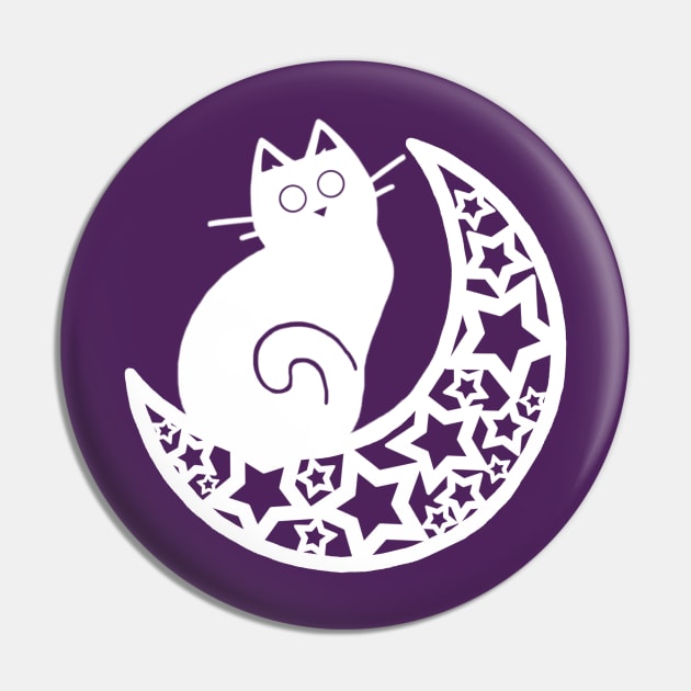 Lunar Cat on the Moon - White Ink Pin by NonDecafArt