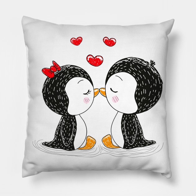 Two cute penguin lovers kiss Pillow by Reginast777