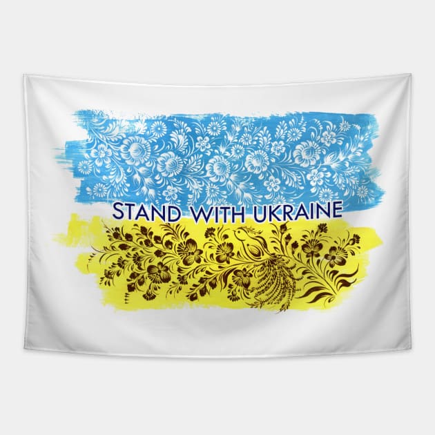 Stand with Ukraine. Ukrainian flag with flowers. Tapestry by oleo_graphy