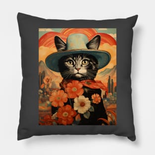 Retro Vintage Cowboy Kitty Cat - Whiskered Wild West Adventure Pillow