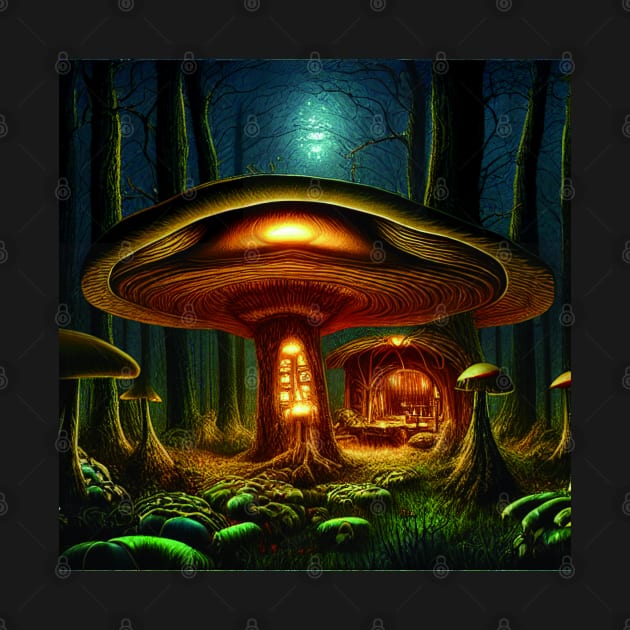 Magical Big Cottage Mushroom House with Lights in Forest with High Trees, Mushroom Aesthetic by Promen Art