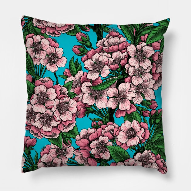 Cherry blossom on blue Pillow by katerinamk