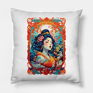 Singing Geisha Japanese art retro vintage floral design Pillow