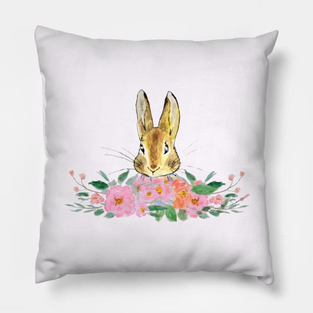 rabbit and camellia flowers watercolor Pillow by colorandcolor