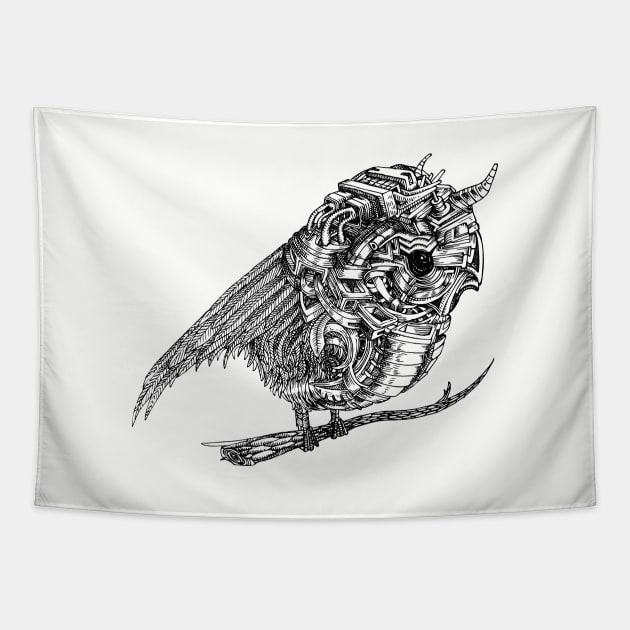 Mechanical Owl | Line Art Tapestry by Trippinink