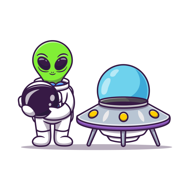 Cute Astronaut Alien Holding Helmet With Spaceship UFO by Catalyst Labs