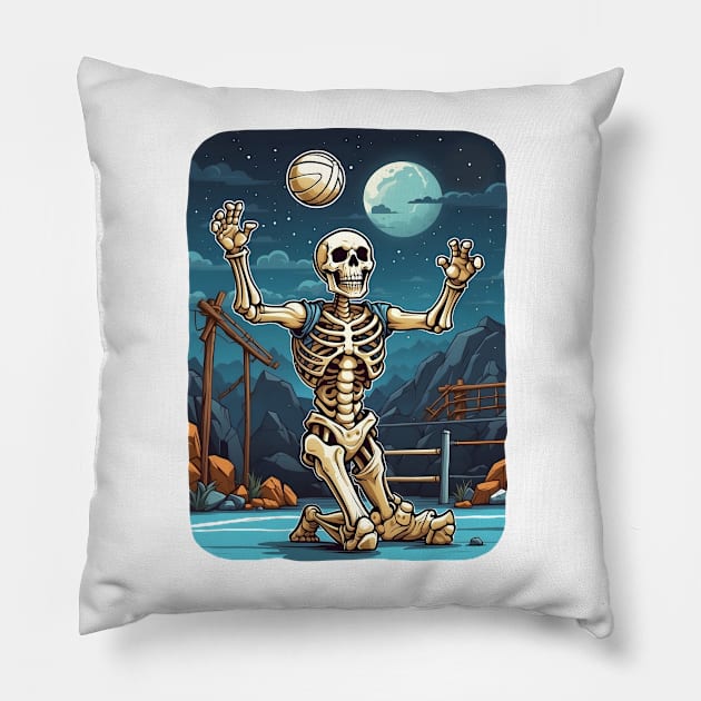 Funny Skeleton Playing Volleyball Pillow by VivaLaRetro