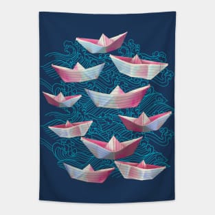 Blue Waves and Paper boats Tapestry