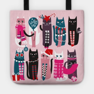 Feline Christmas vibes // print // pink background green fuchsia pink white and black kittens Tote