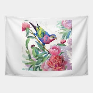 Grumpy bird and peonies Tapestry