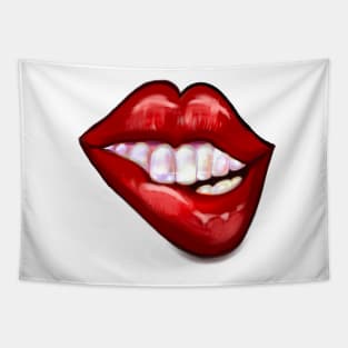 Love Lipstick kisses Kiss Smiling red lips white teeth biting shiny lower lip Valentines day Tapestry