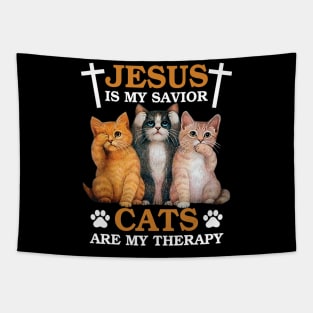 Jesus is My Savior Cat are My Therapy Christians Cat Lover Tapestry