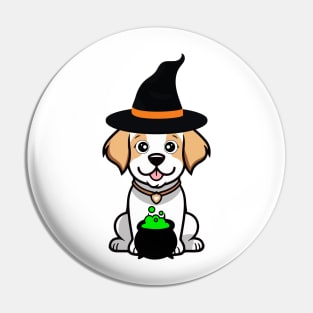 Funny Happy Dog is wearing a witch costume Pin