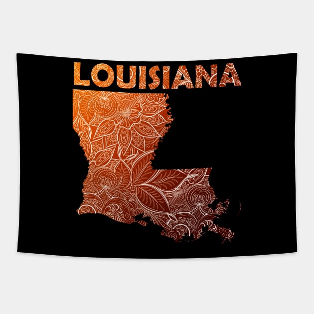 Colorful mandala art map of Louisiana with text in brown and orange 