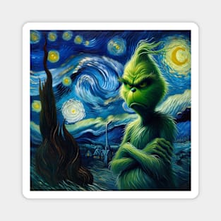 Whimsical Night: Mischievous Green Character - Starry Night Inspired Holiday Art Magnet