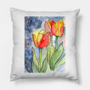 Colorful Tulips Watercolor and Ink Pillow