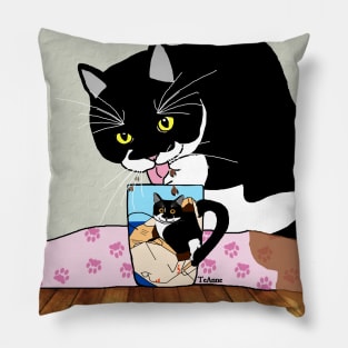 CUTE Tuxedo Cat drink his humans coffee  Copyright TeAnne Pillow