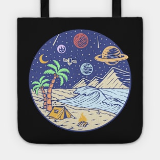 Camping under the moon and Planets - hand drawn Tote