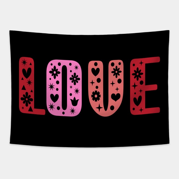 Retro Love Shirt - Folk Art Cottagecore Scandinavian Design Black Tapestry by PUFFYP