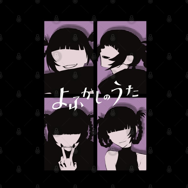 Call of the Night Anime Characters Nazuna Nanakusa Faceless in Cool 4 Panels Pop Art Style with Yofukashi no Uta Kanji or Japan Text by Animangapoi