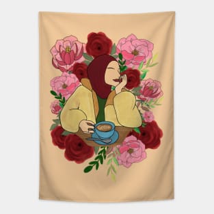 Floral Muslim woman in a cafe Tapestry