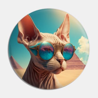 Sphinx cat with glasses looking to the side on the background of the pyramids Pin