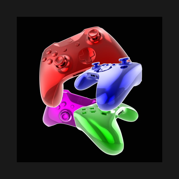 Multicolour game controllers on black background. by victorhabbick