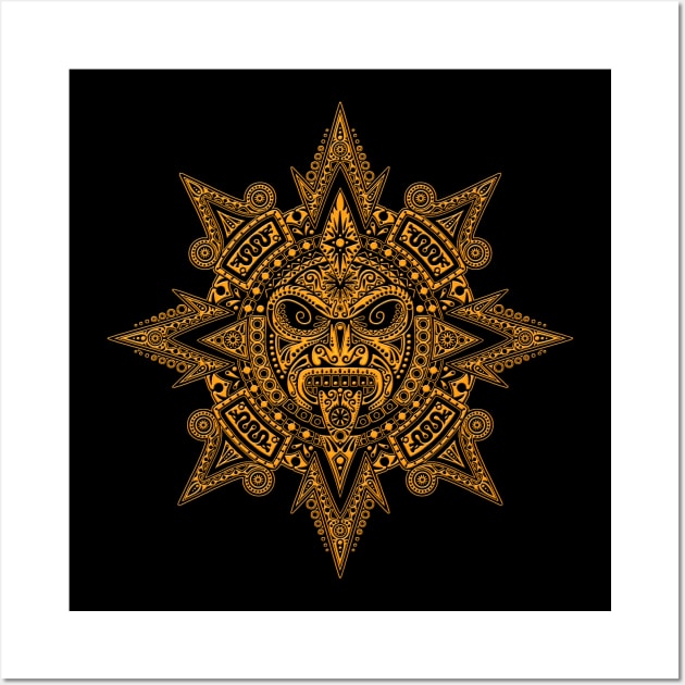 Ancient Yellow and Black Mayan Sun Mask - Mayan - Posters and Art