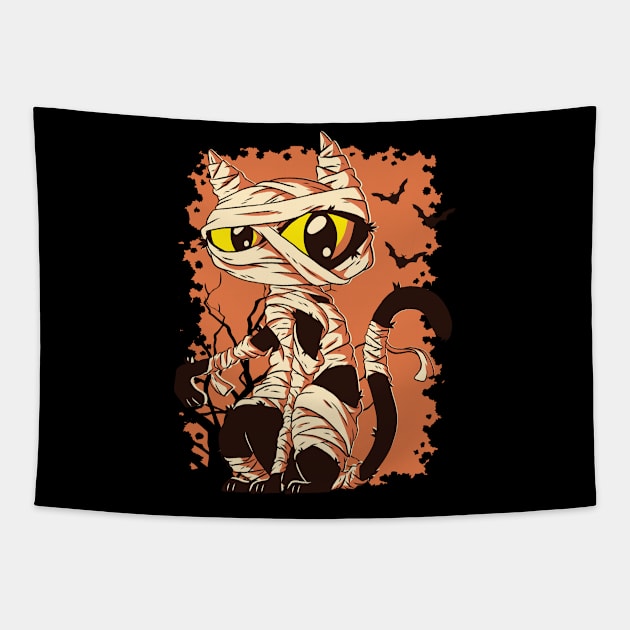 Happy Haloween Cat Mummy Black Cat Funny Halloween Tapestry by GoodArt