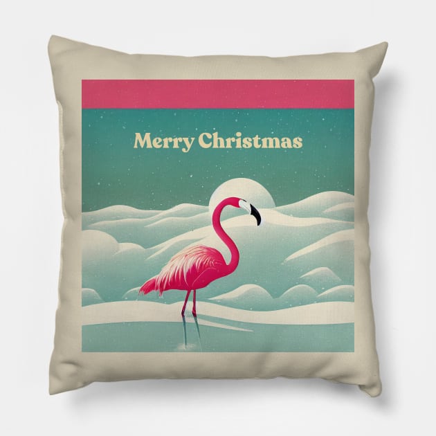 Merry Christmas Flamingo Pillow by Retro Travel Design