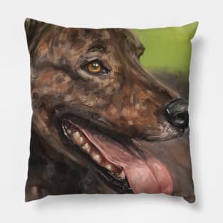 Painting of a Brown Brindle Long Hair Dutch Shepherd with its Tongue Out Pillow