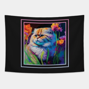 Tiny Tiger Persian Cat Vibrant Tropical Flower Digital Oil Painting Portrait Tapestry