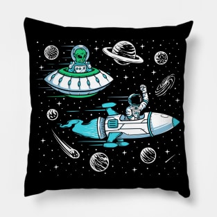 Space Race with Astronaut in Rocket and Alien in UFO Pillow