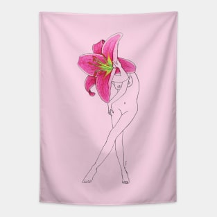 Hot pink lily flower head girl on soft pink background · Flower Woman Lilium, conceptual art Tapestry