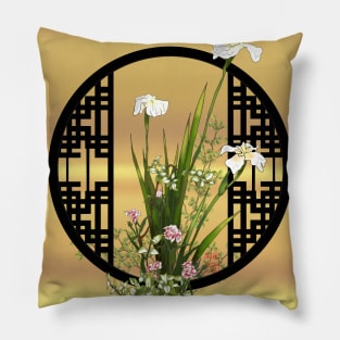 White iris watercolor flowers with a chinese lattice Pillow