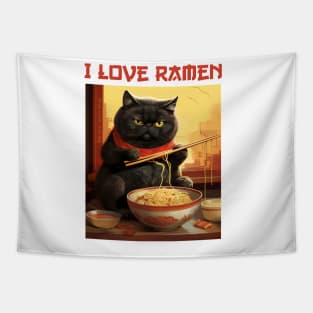 Quirky Chubby Kitty Cat Eating Ramen - I Love Ramen Tapestry