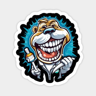 An illustration of an English bulldog wearing a dentist coat and holding a toothbrush Magnet