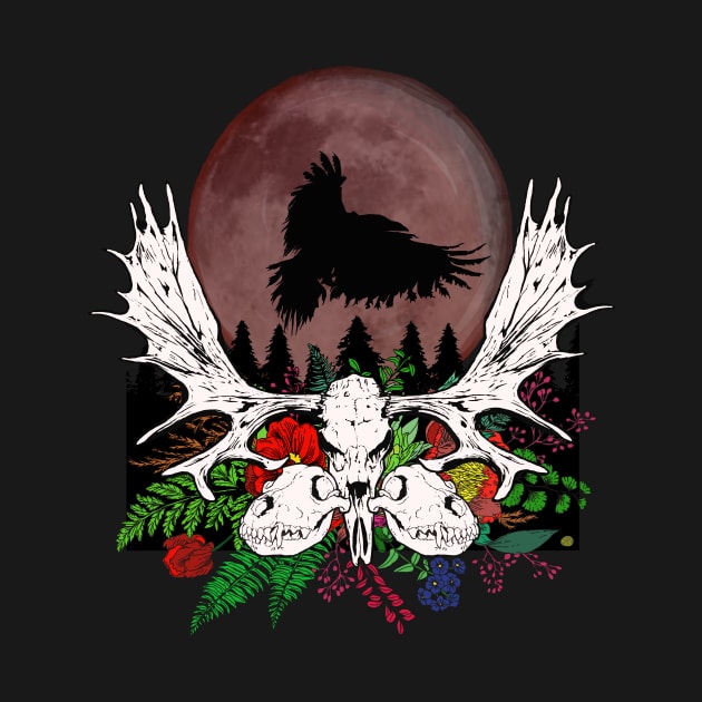 blood moon, raven, wolf skulls, moose skulls and flowers by RobertBretonArt