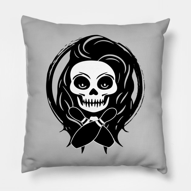 Female Bowling Skull and Bowling Pins Pillow by Nuletto