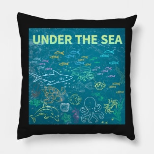 under the sea,blue sea,sea creatures,Turtle, puffer fish, starfish, shrimp, shark, tropical fish, sea horse, seaweed, sardines, squid, crabs, clams Pillow