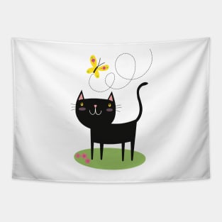 Black cat and butterfly Tapestry