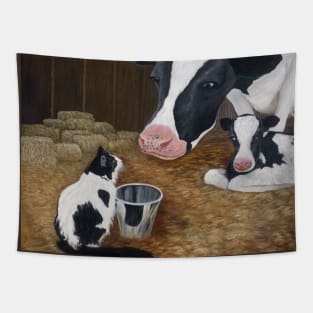 Tuxedo Cat with Cow and Calf Tapestry