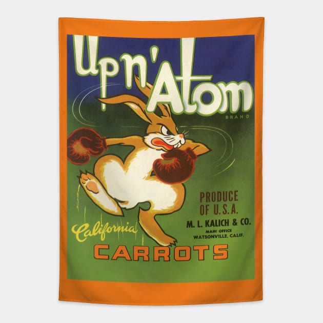 Vintage Up n' Atom Carrots Fruit Crate Label Tapestry by MasterpieceCafe